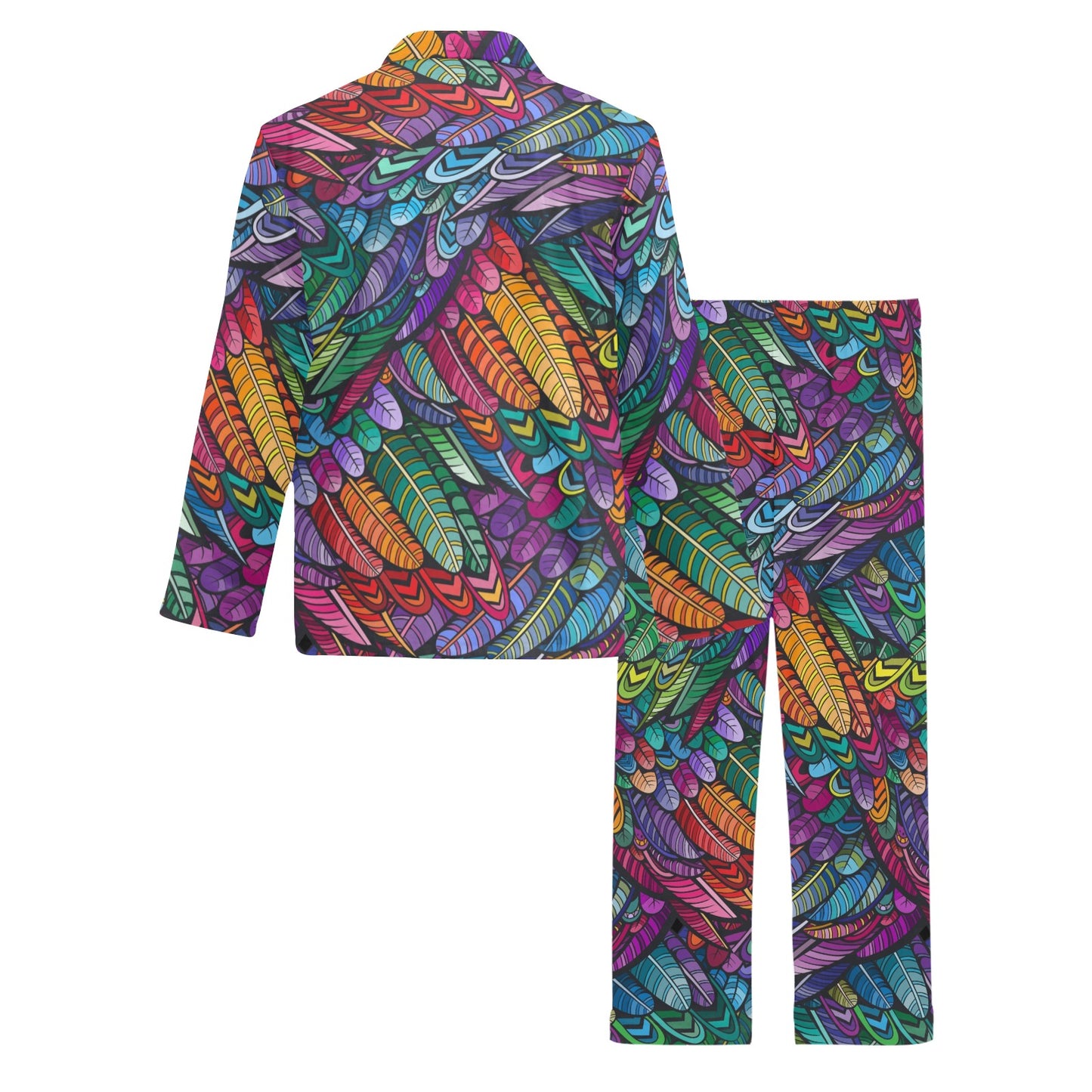 Feather Multicolor Design Print Men's Long Pajama Set