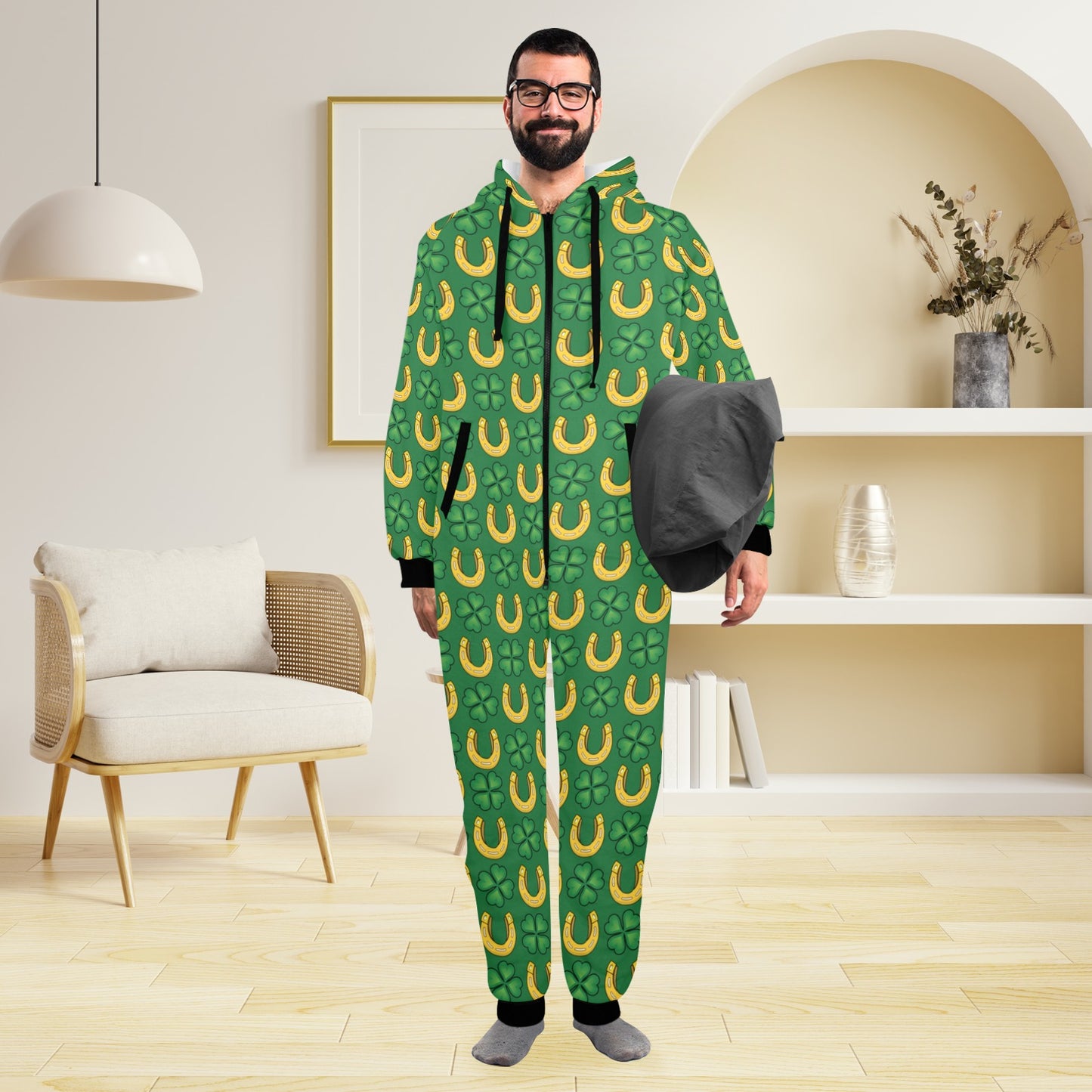 Shamrock Horseshoes Print Pattern Hooded Fleece Onesie Pajama Jumpsuit