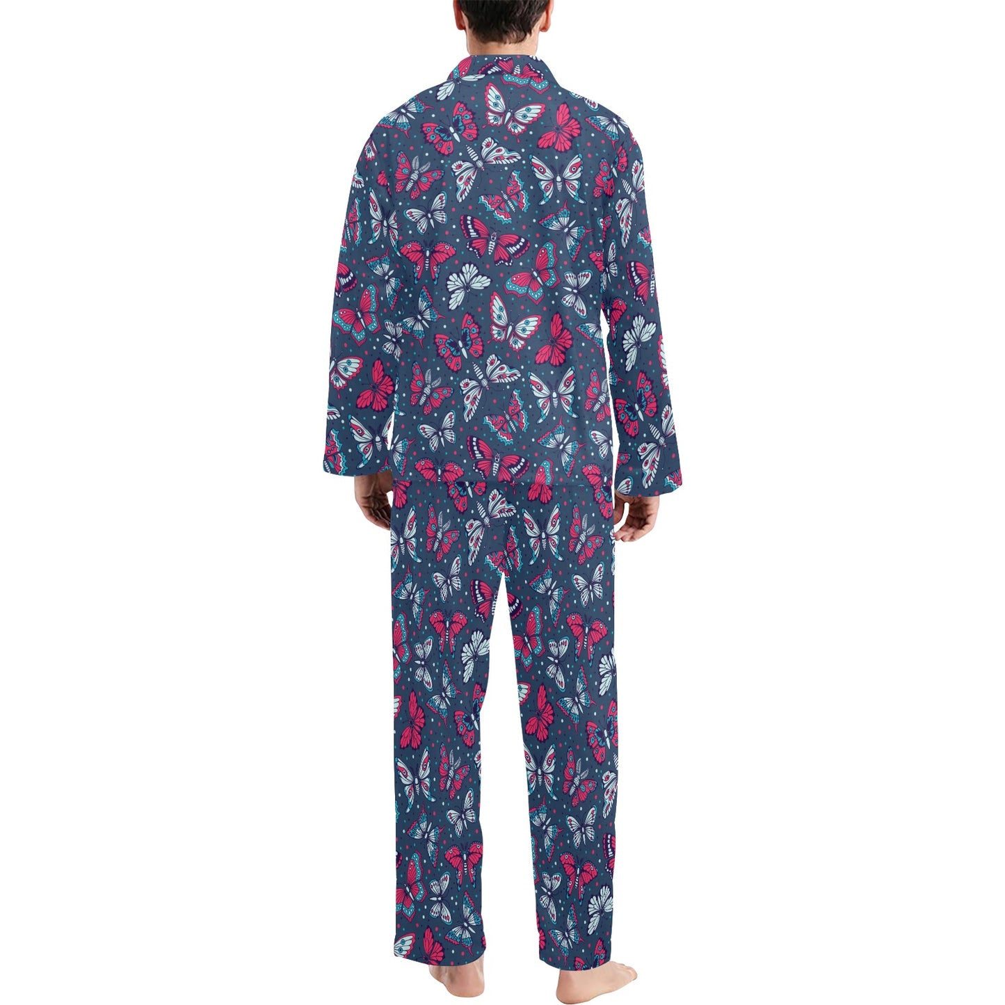 Butterfly Red Deep Blue Print Pattern Men's Long Pajama Set
