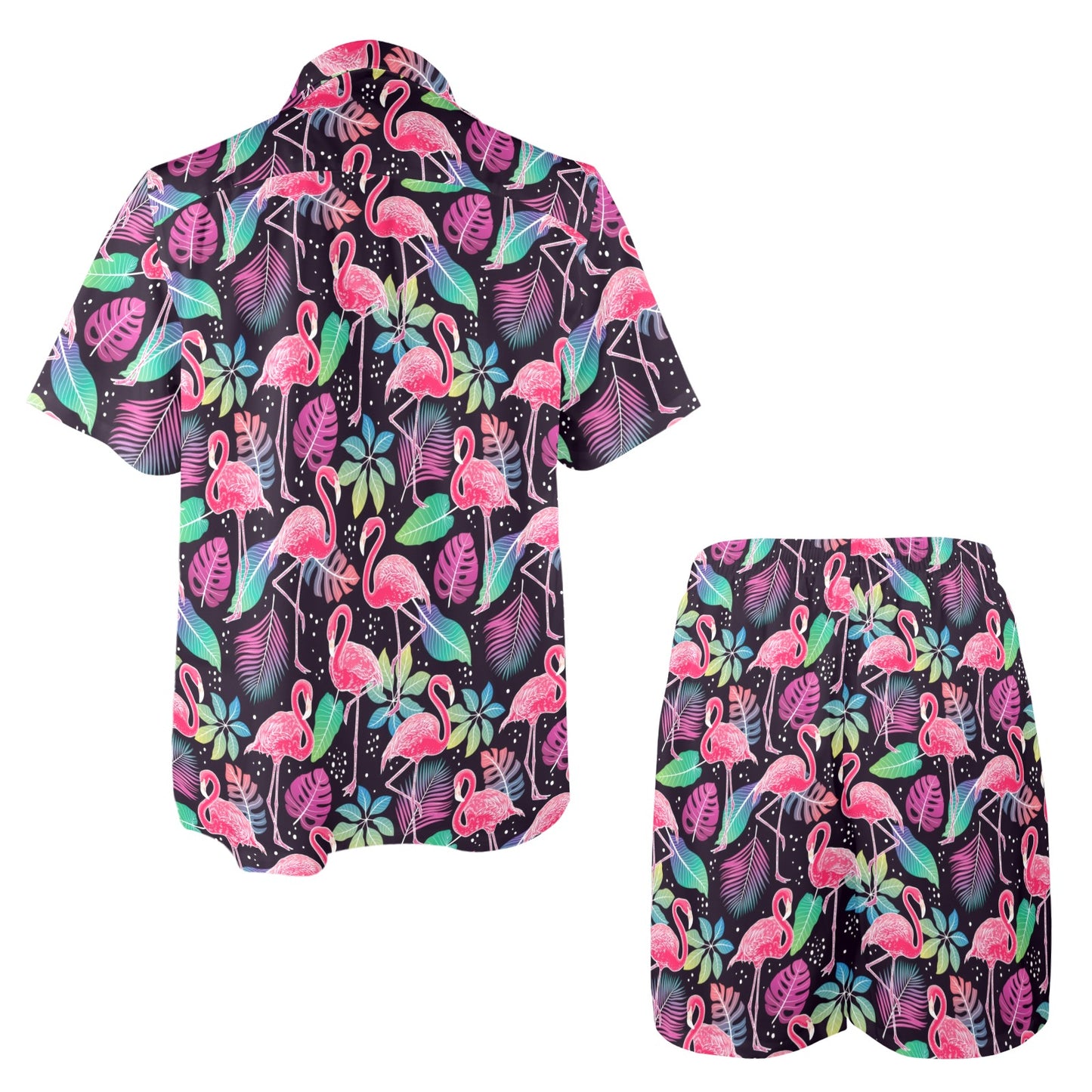 Flamingo Tropical leaves Neon Print Men's Beach Shirt and Shorts Set