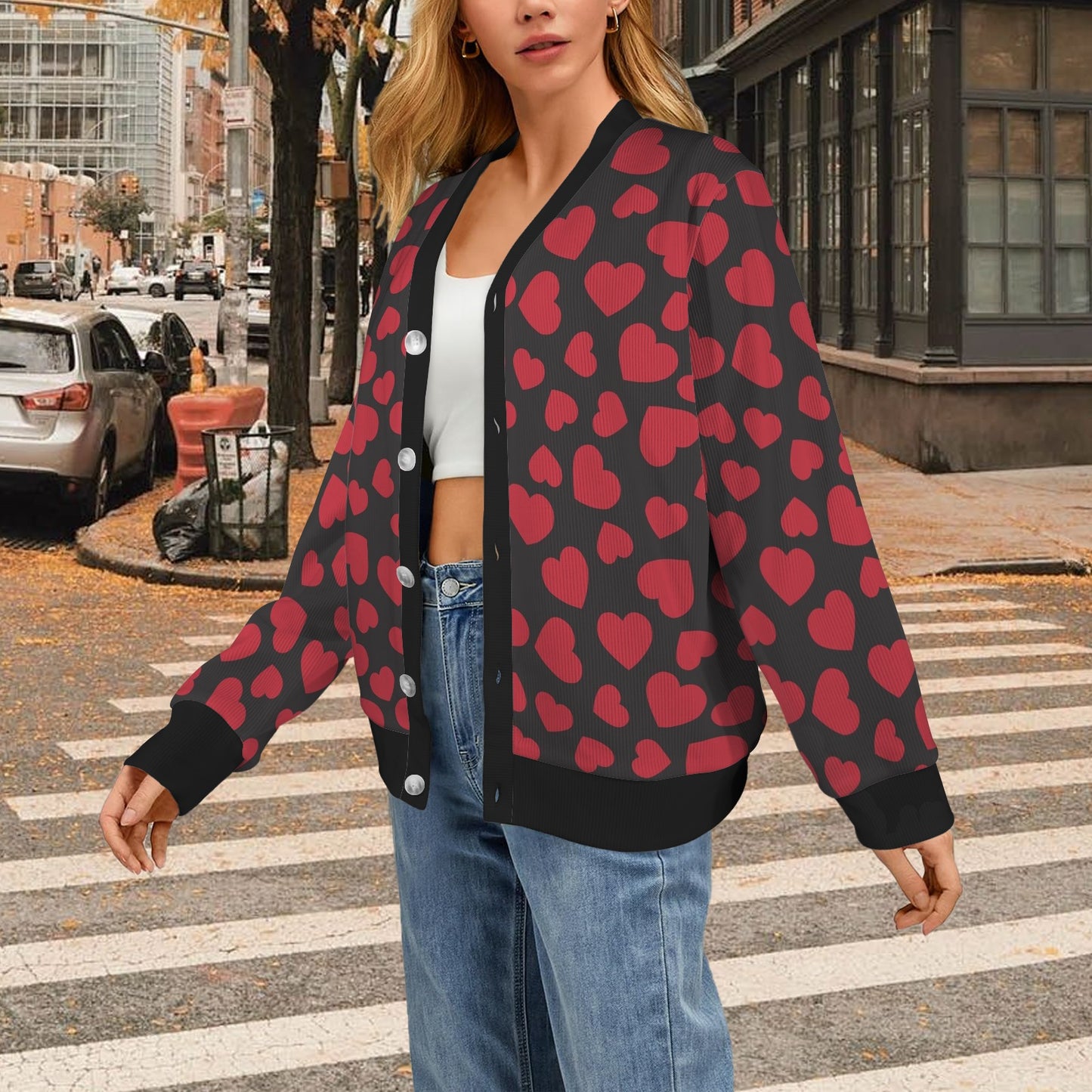 Heart Red Pattern Print Design HE01 Women's Cardigan