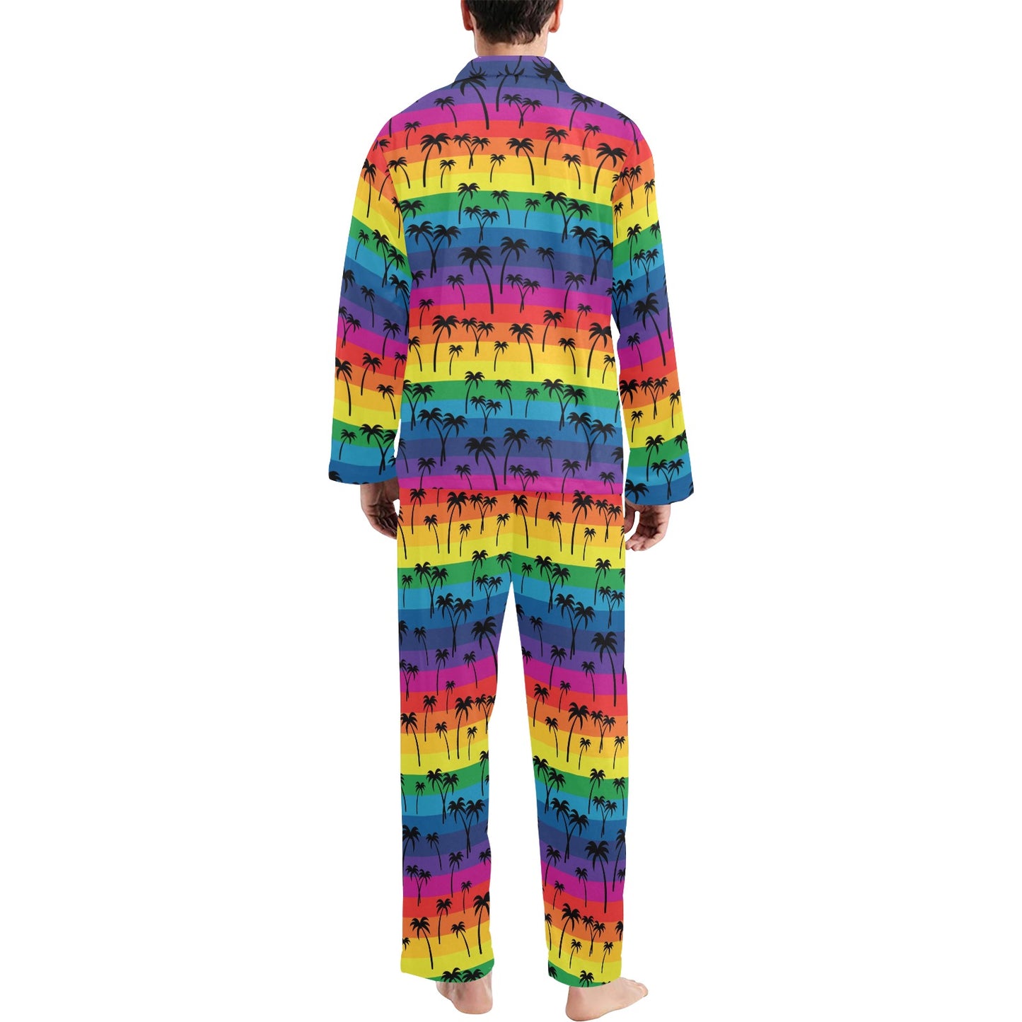 Palm Tree Rainbow Themed Print Men's Long Pajama Set