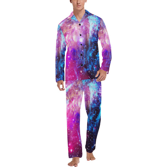 Galaxy Night Purple Space Print Men's Long Pajama Set