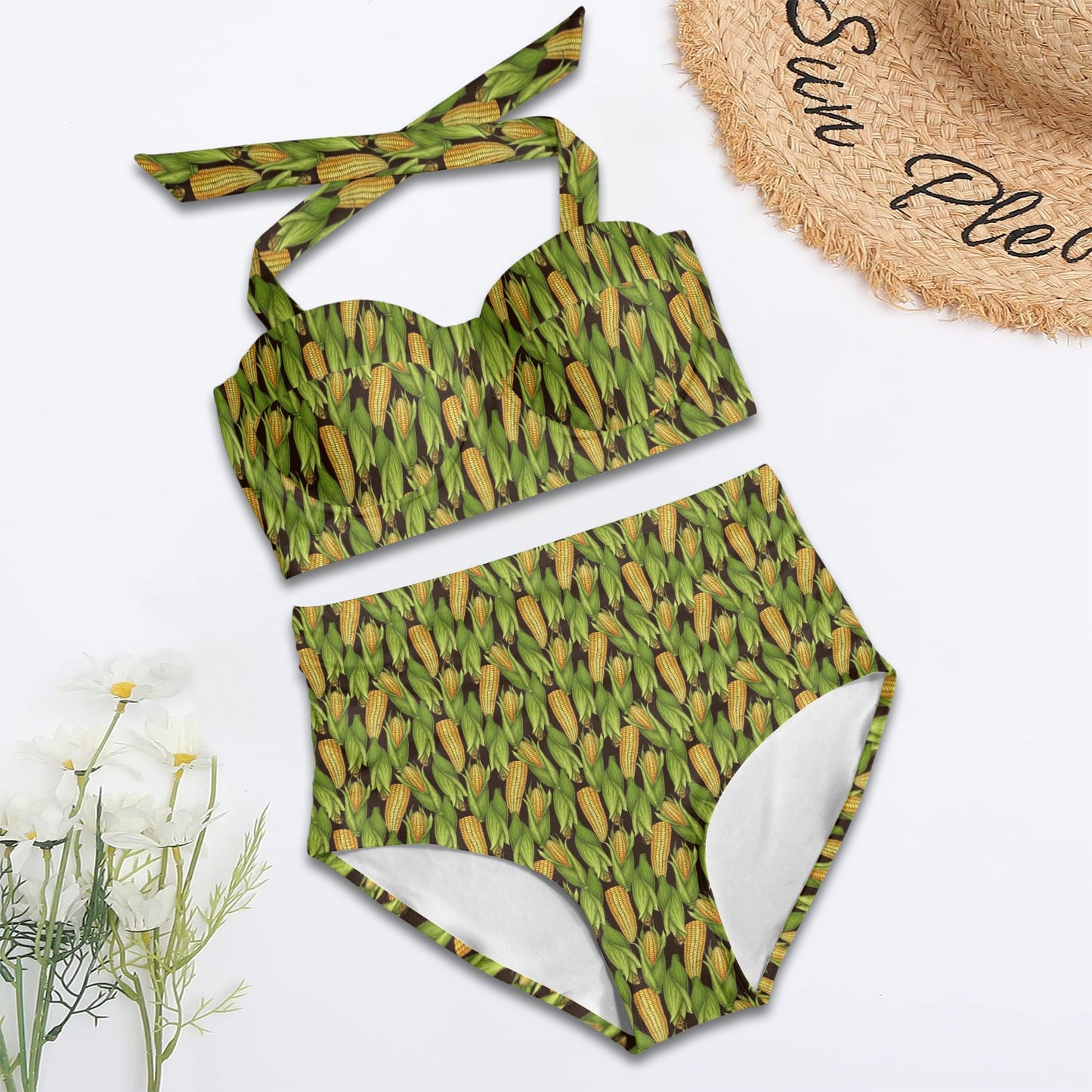 Agricultural Corn cob Print Halter Neck Bikini Swimsuit