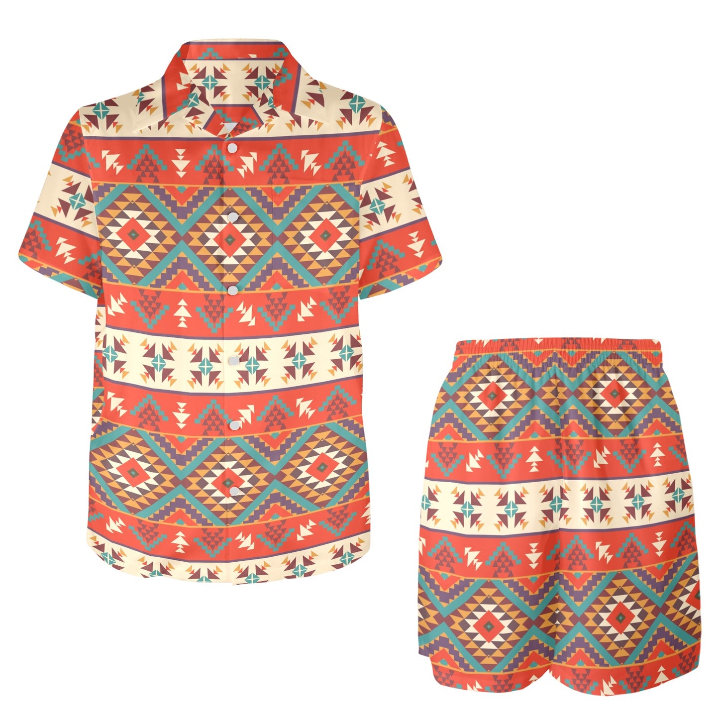 Aztec Red Print Pattern Men's Beach Shirt and Shorts Set