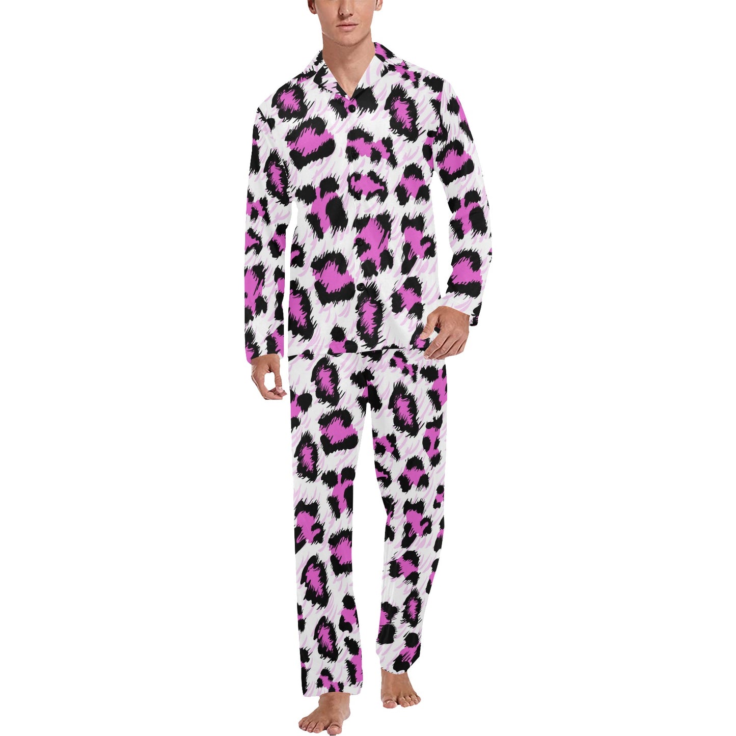 Leopard Pink Skin Print Men's Long Pajama Set
