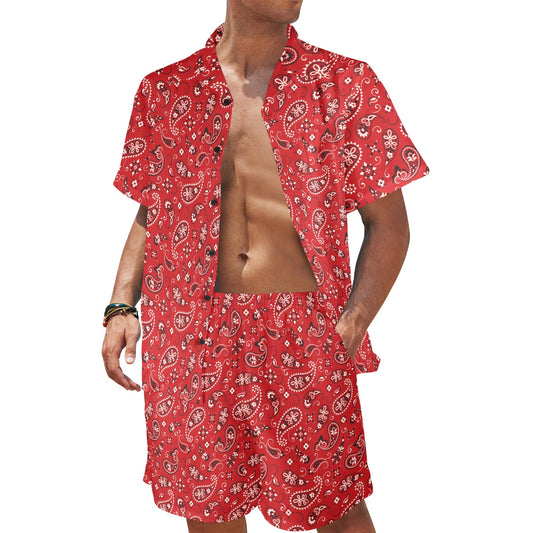 Bandana Paisley Red Print Design LKS3011 Men's Beach Shirt and Shorts Set