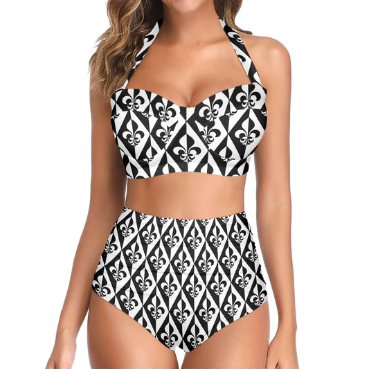 Fleur De Lis Black White Pattern Print Design 02 Halter Neck Bikini Swimsuit