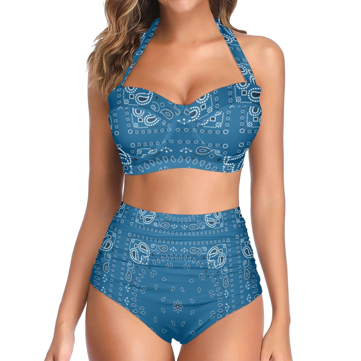 Bandana Blue Print Design LKS301 Halter Neck Bikini Swimsuit