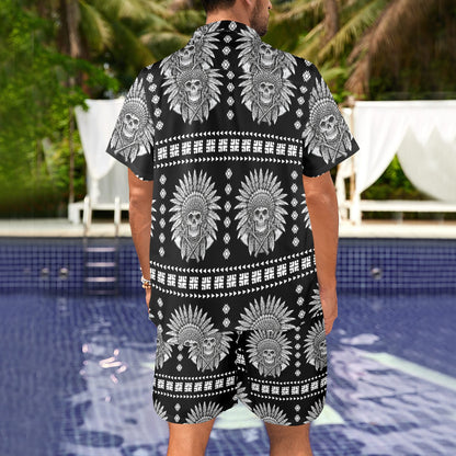Native American Indian Skull Men's Beach Shirt and Shorts Set