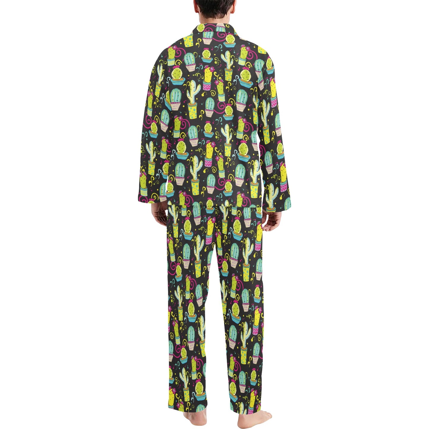 Cactus Neon Style Print Pattern Men's Long Pajama Set