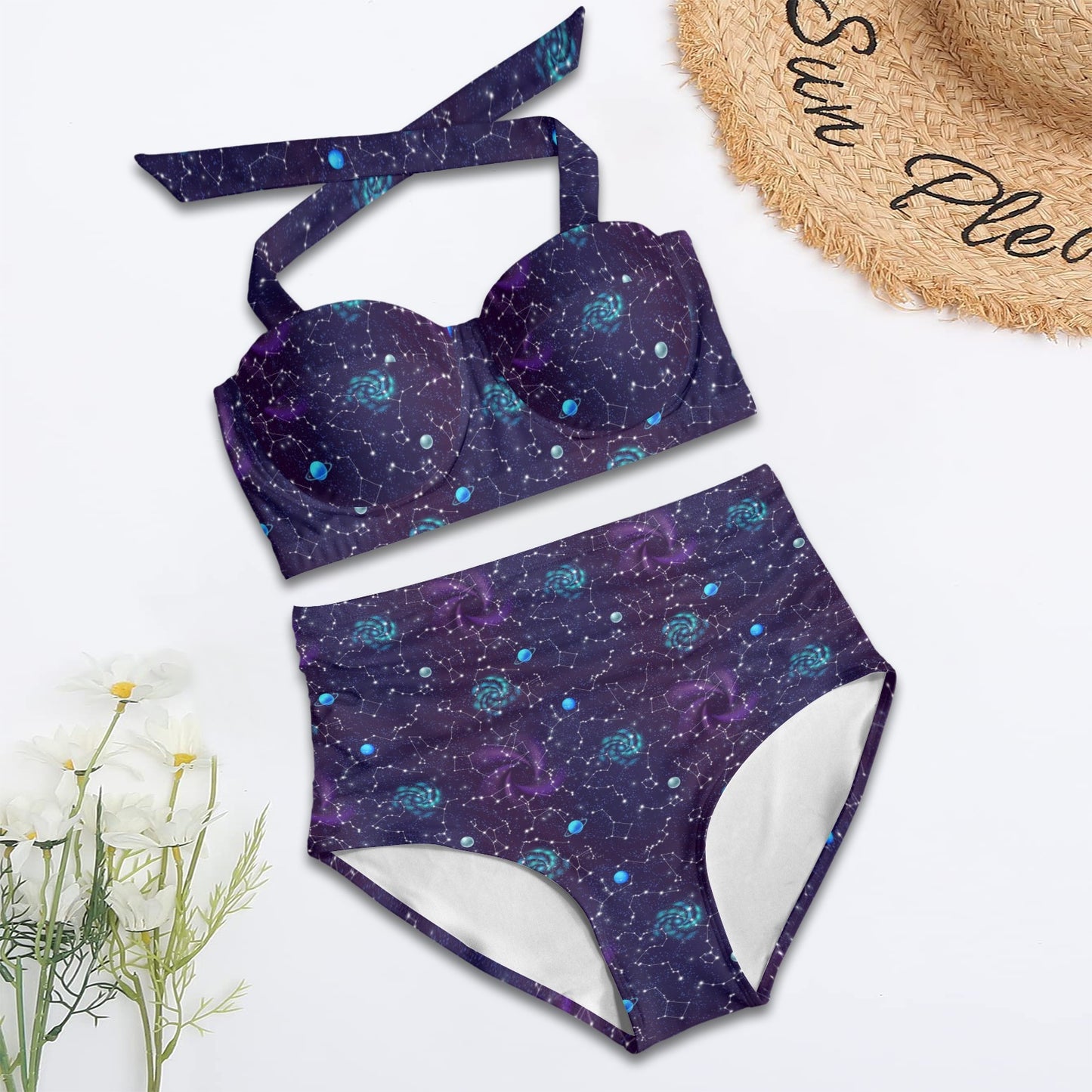Zodiac Galaxy Design Print Halter Neck Bikini Swimsuit
