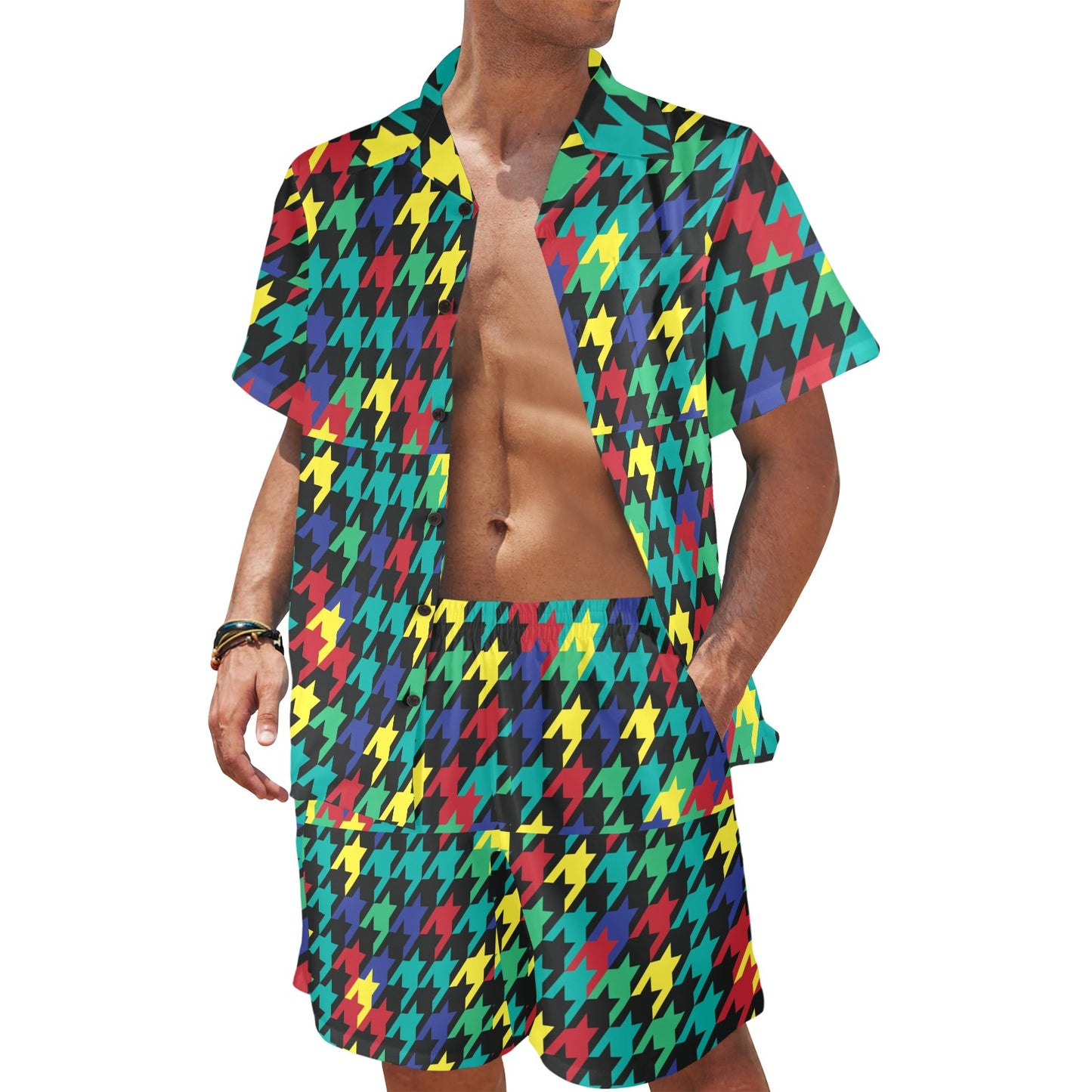 Houndstooth Colorful Pattern Print Design 02 Men's Beach Shirt and Shorts Set