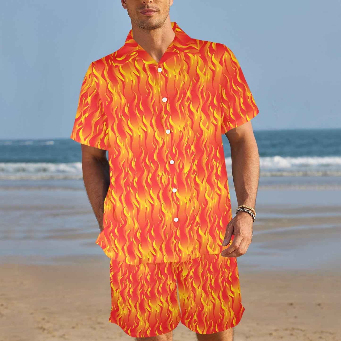 flaming skulls Design Print Pattern JJ0178 Men's Beach Shirt and Shorts Set