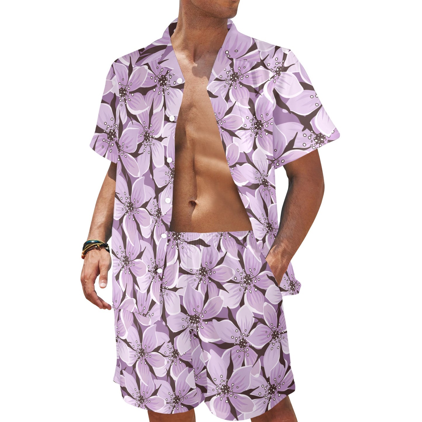 Lilac Pattern Print Design 01 Men's Beach Shirt and Shorts Set