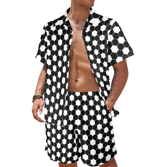 Hexagonal black white Design Print Pattern JJ0341 Men's Beach Shirt and Shorts Set