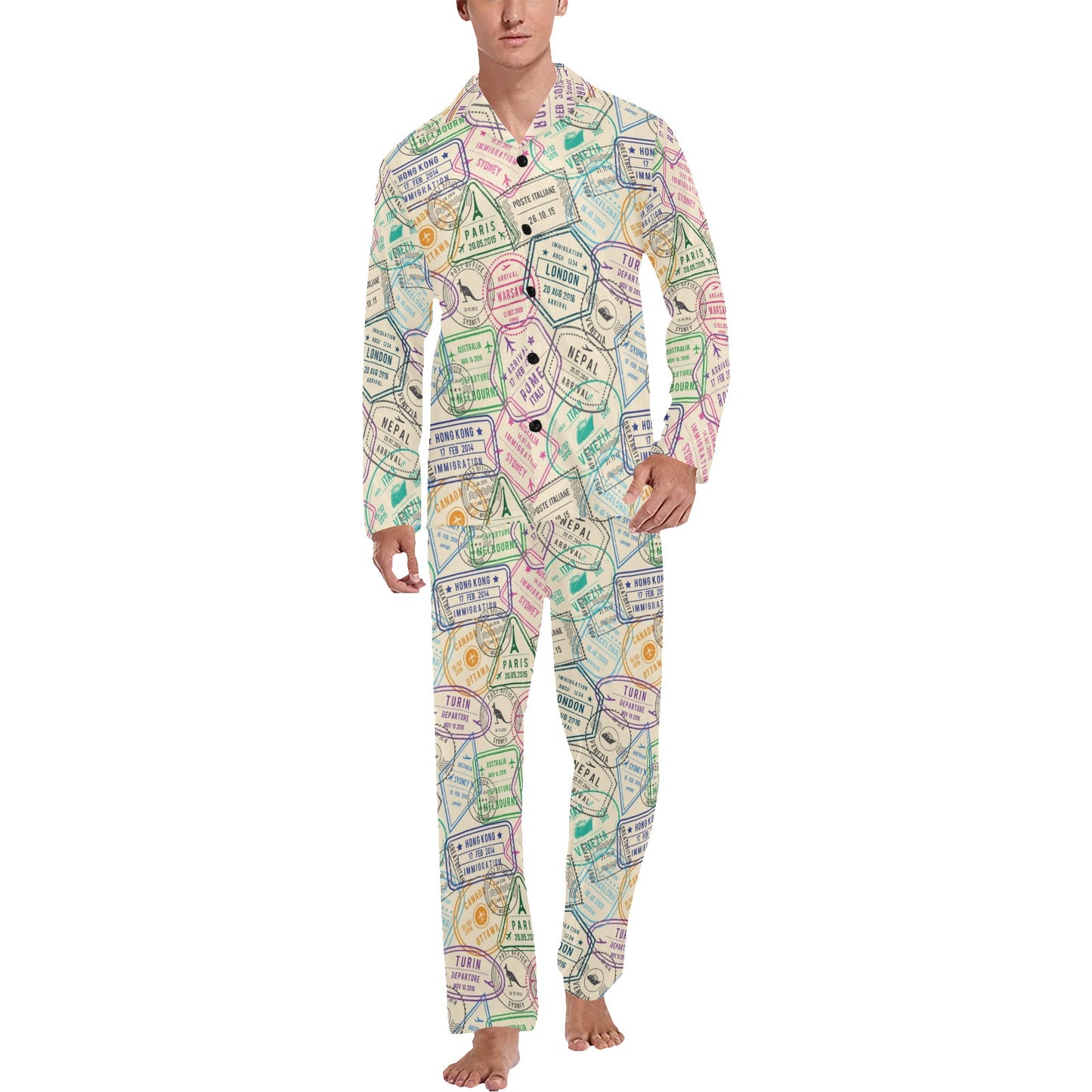 Travel Stamp Print Design LKS303 Men's Long Pajama Set