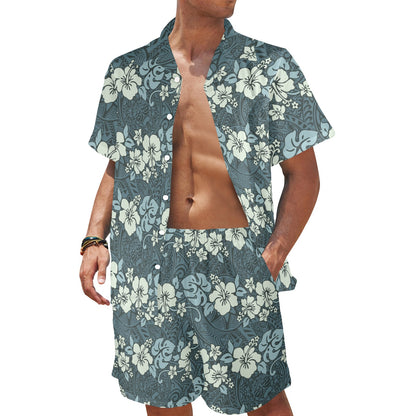 Flower Hawaiian Hibiscus Style Print Pattern Men's Beach Shirt and Shorts Set