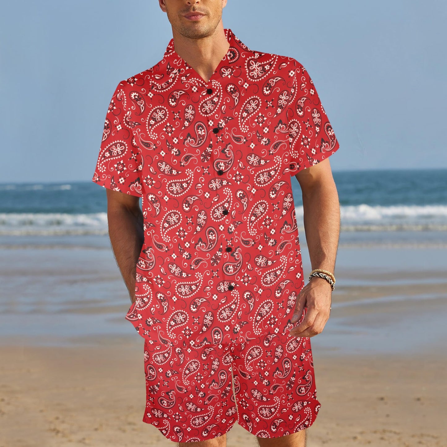 Bandana Paisley Red Print Design LKS3011 Men's Beach Shirt and Shorts Set