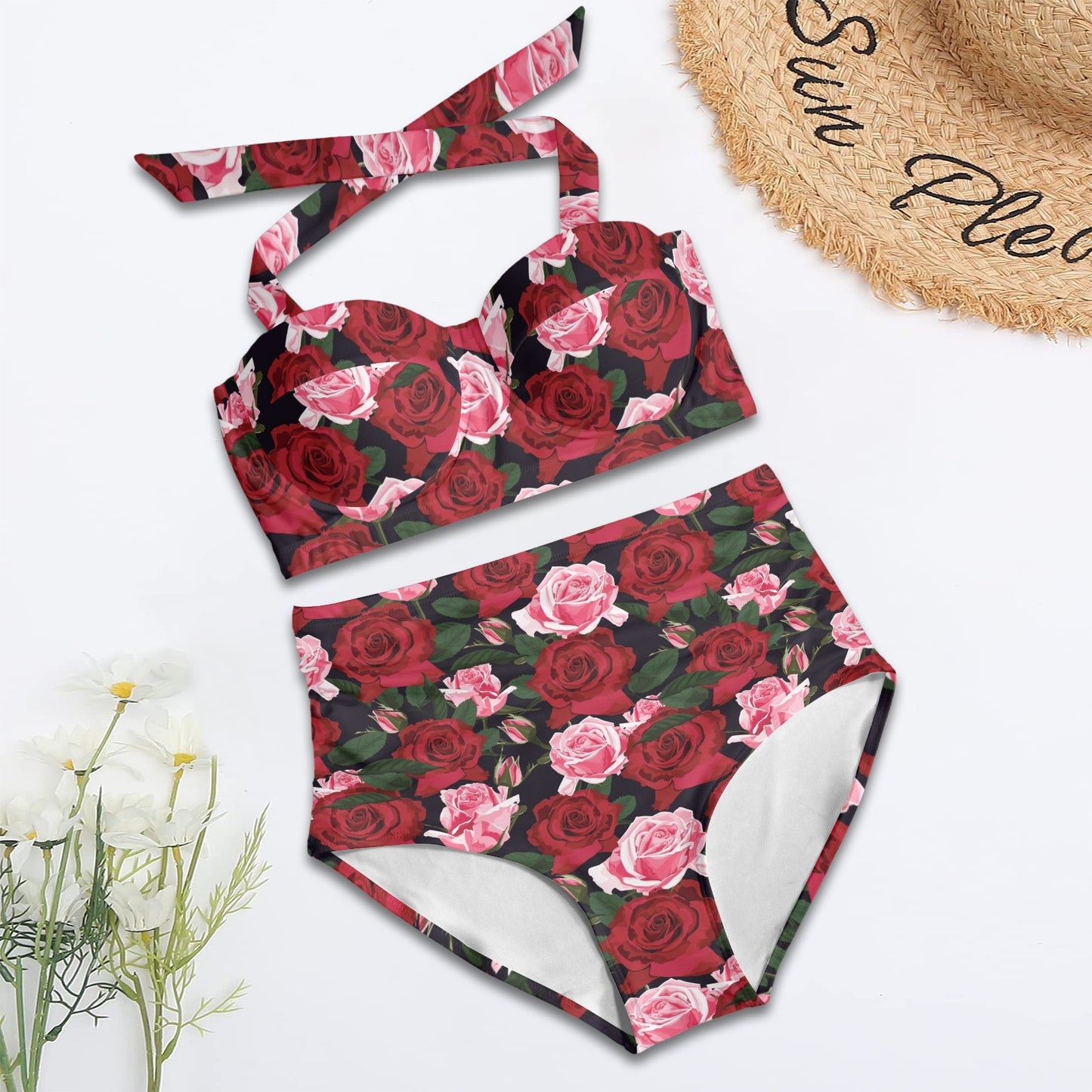 Rose Red Pink Pattern Print Design RO01 Halter Neck Bikini Swimsuit