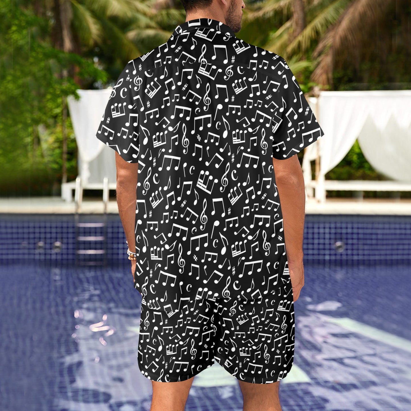 Music Note Black white Themed Print Men's Beach Shirt and Shorts Set