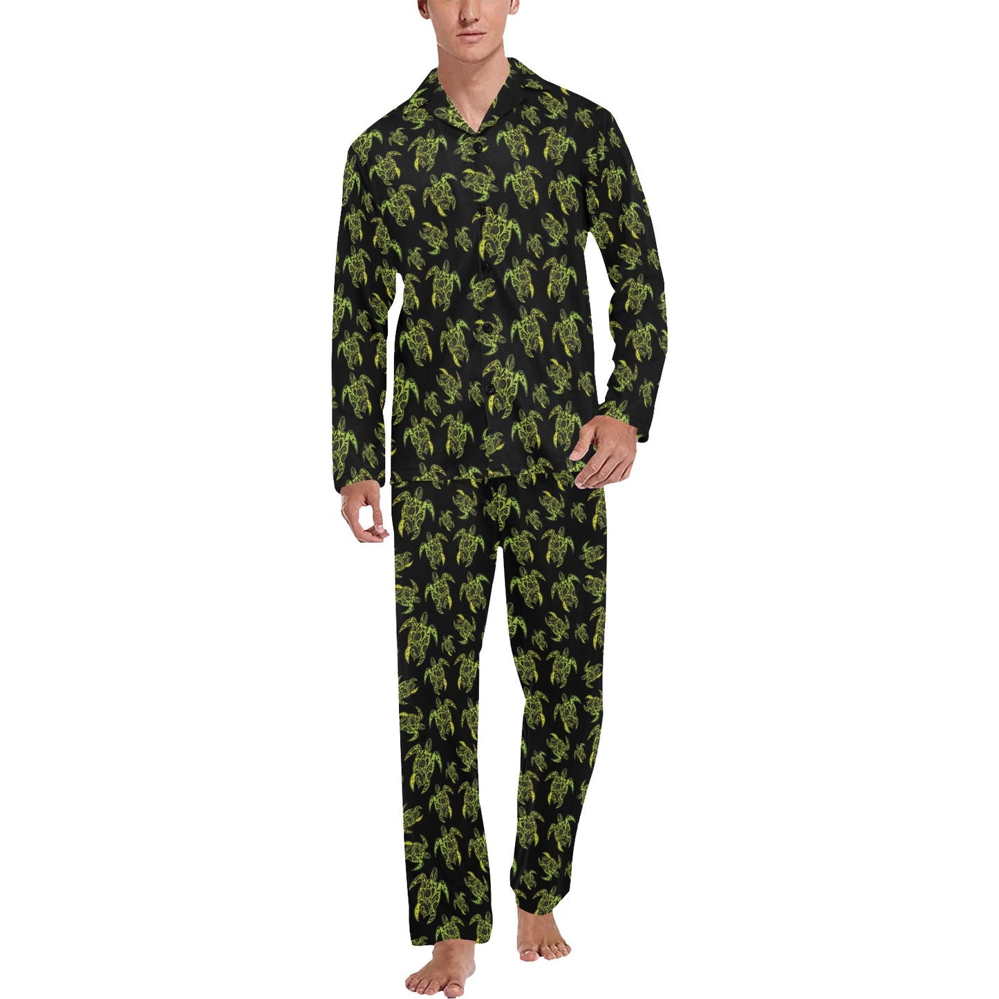 Green Tribal Turtle Polynesian Themed Men's Long Pajama Set