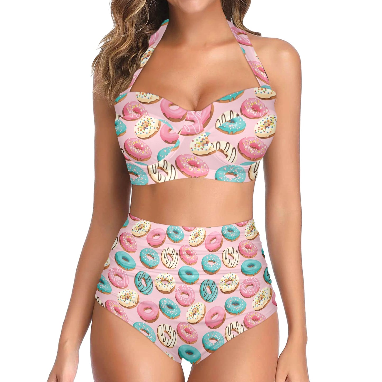 Donut Pattern Print Design DN06 Halter Neck Bikini Swimsuit