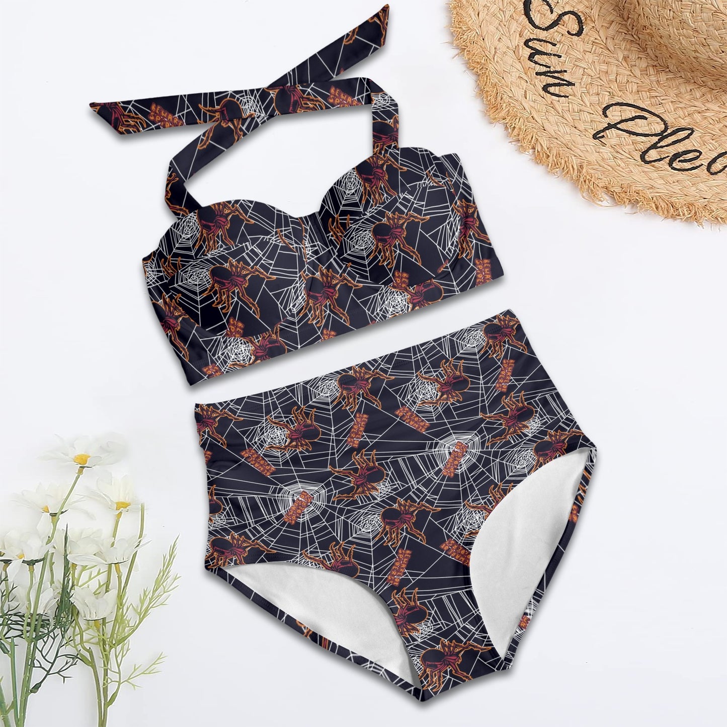 Tarantula Spiderwebs Pattern Print Design 01 Halter Neck Bikini Swimsuit