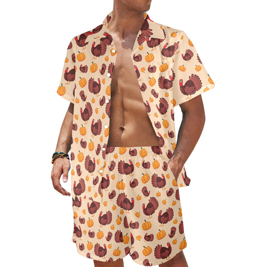 Thanksgiving Print Design LKS308 Men's Beach Shirt and Shorts Set