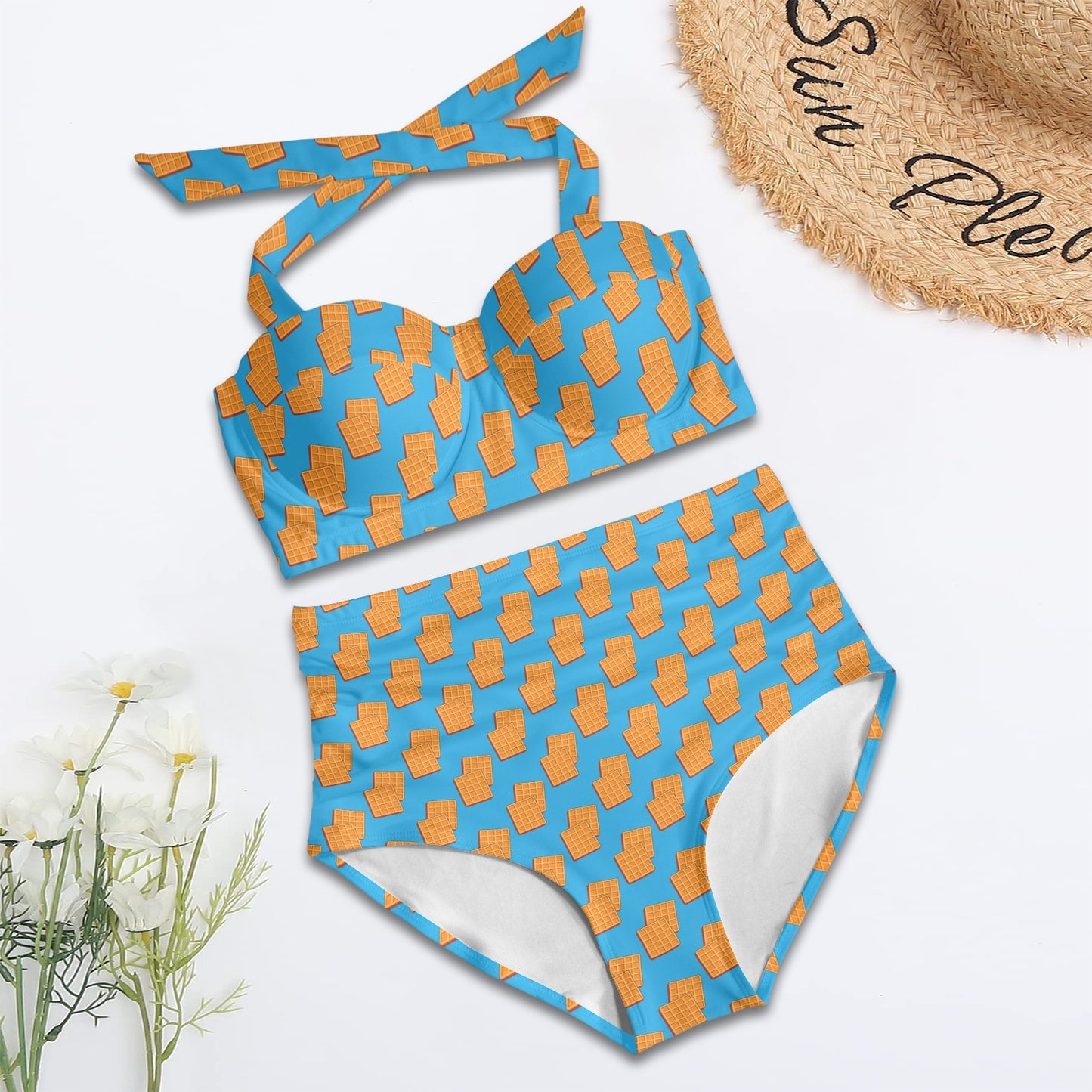 Waffle Print Design LKS304 Halter Neck Bikini Swimsuit