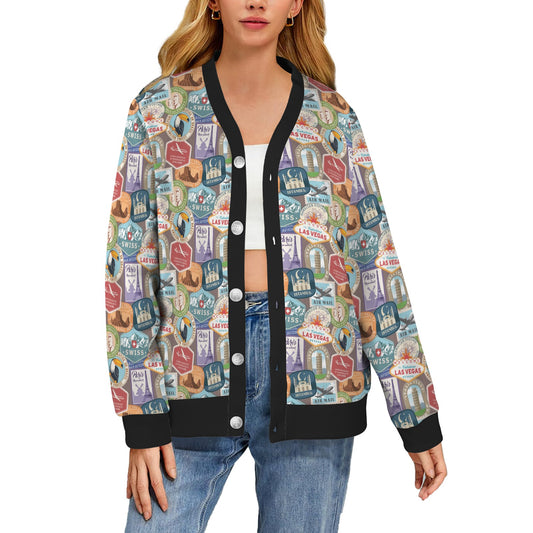 Travel Stamp Print Design LKS301 Women's Cardigan