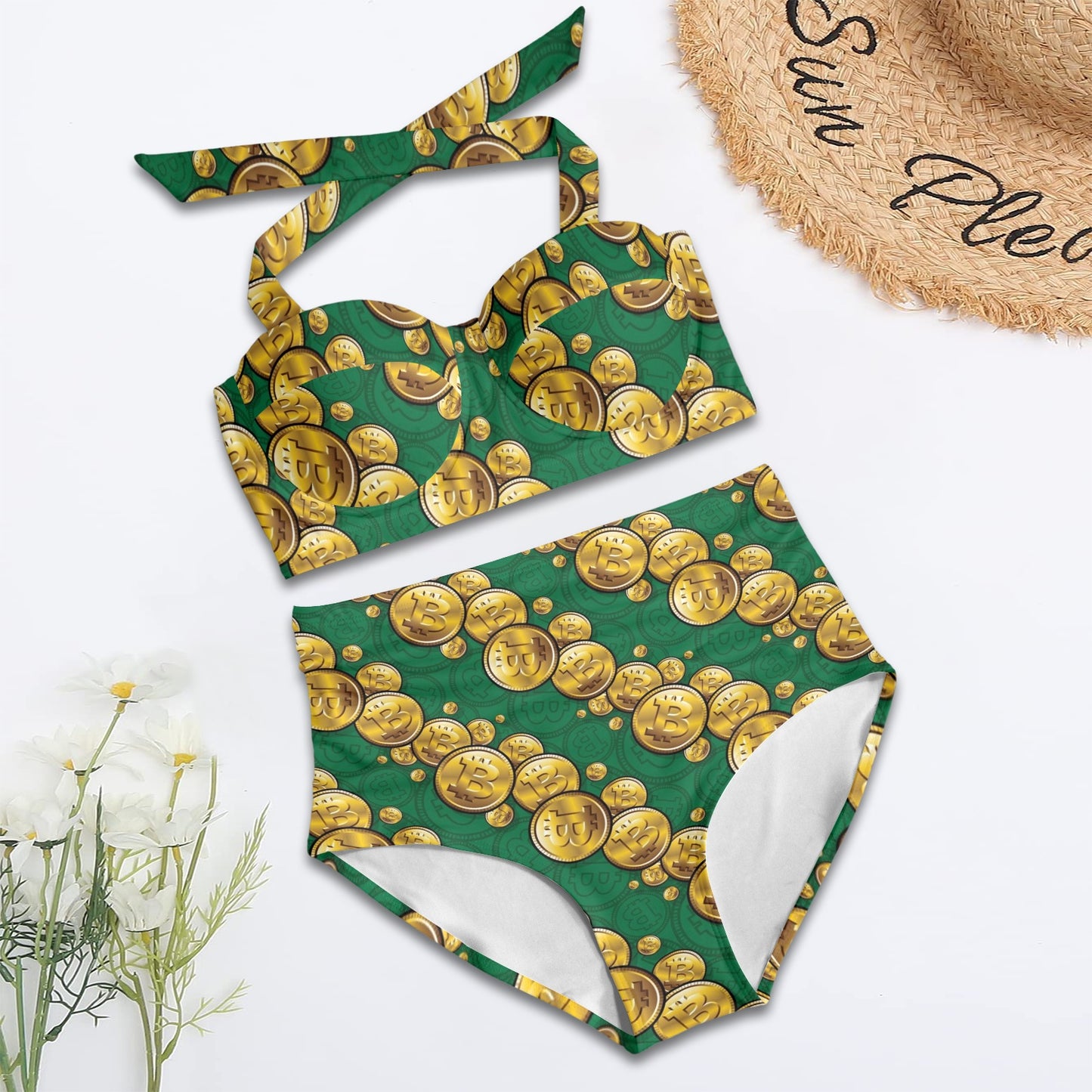 Bitcoin Pattern Print Design DO02 Halter Neck Bikini Swimsuit