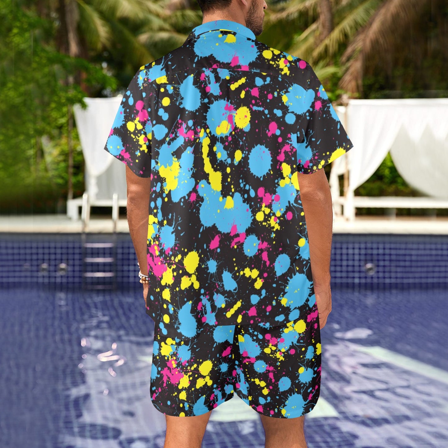 Splatter Colorful Print Design LKS301 Men's Beach Shirt and Shorts Set