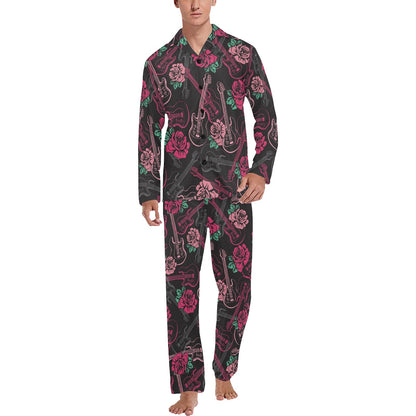 Bass Guitar Pink Rose Pattern Print Design 01 Men's Long Pajama Set