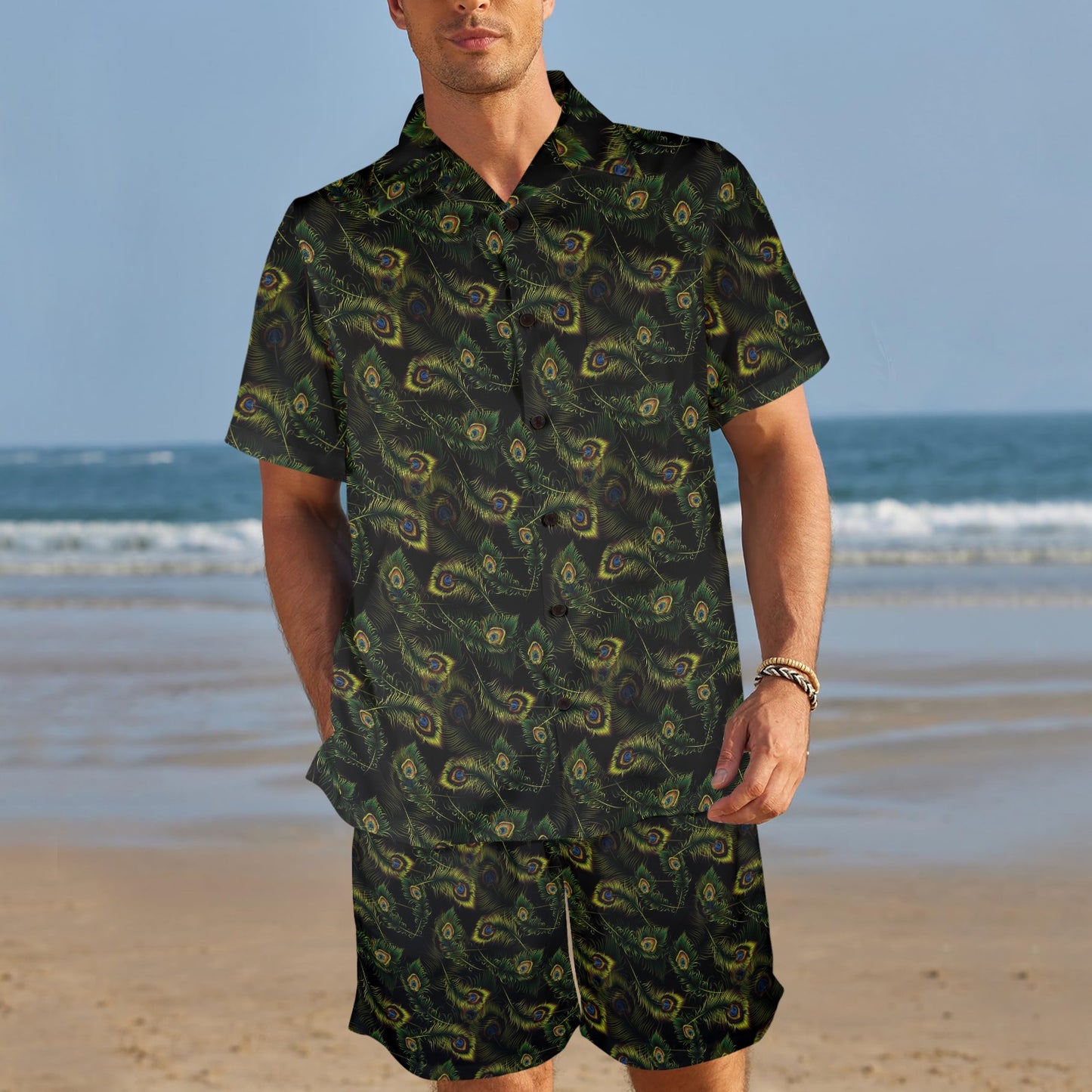 Peacock Feather Pattern Design Print Men's Beach Shirt and Shorts Set