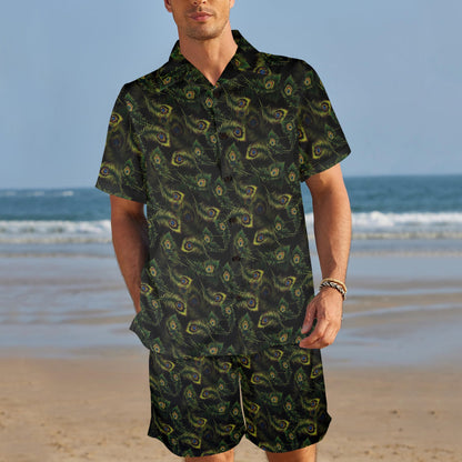 Peacock Feather Pattern Design Print Men's Beach Shirt and Shorts Set