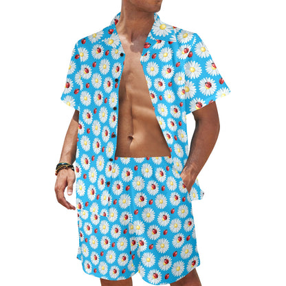 Ladybug with Daisy Themed Print Pattern Men's Beach Shirt and Shorts Set