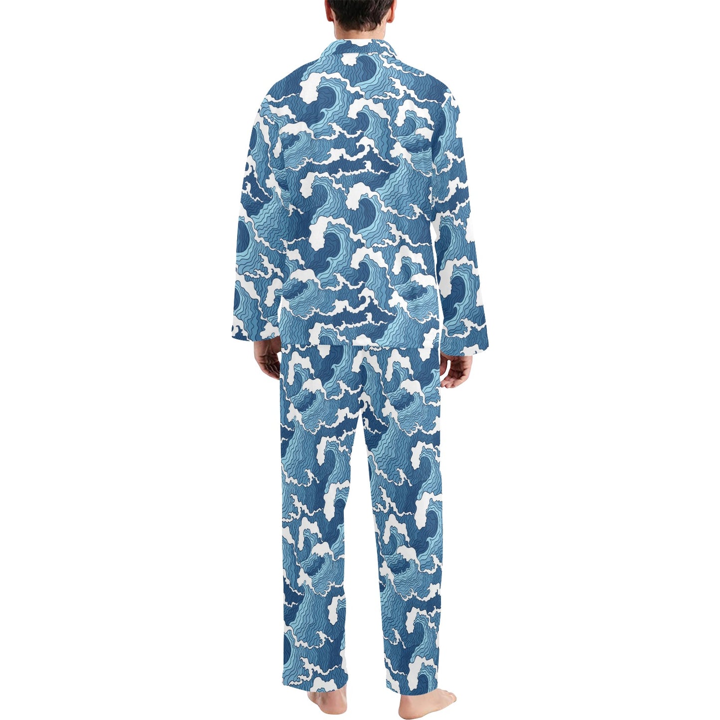 Wave Themed Pattern Print Men's Long Pajama Set