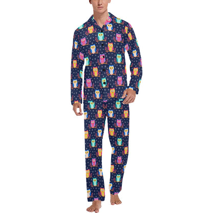 Owl Cute Themed Design Print Men's Long Pajama Set