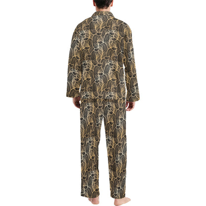 Elegant Gold leaf Print Men's Long Pajama Set