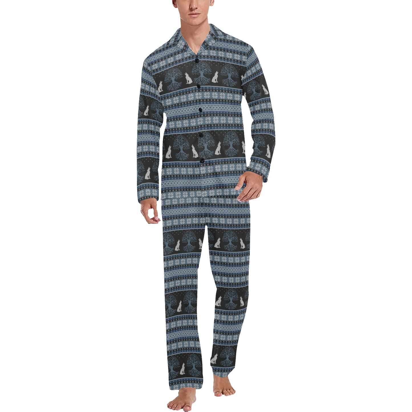 Wolf Tree of Life Knit Design Print Men's Long Pajama Set