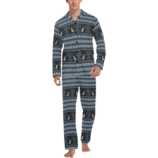 Wolf Tree of Life Knit Design Print Men's Long Pajama Set