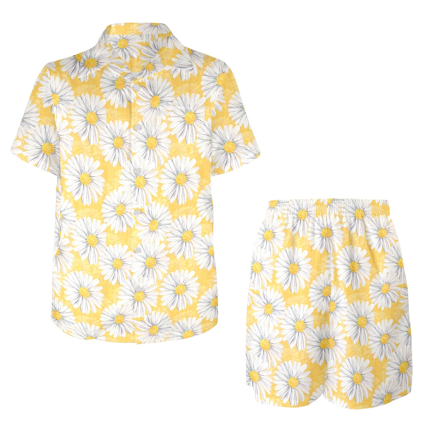 Daisy Yellow Watercolor Print Pattern Men's Beach Shirt and Shorts Set