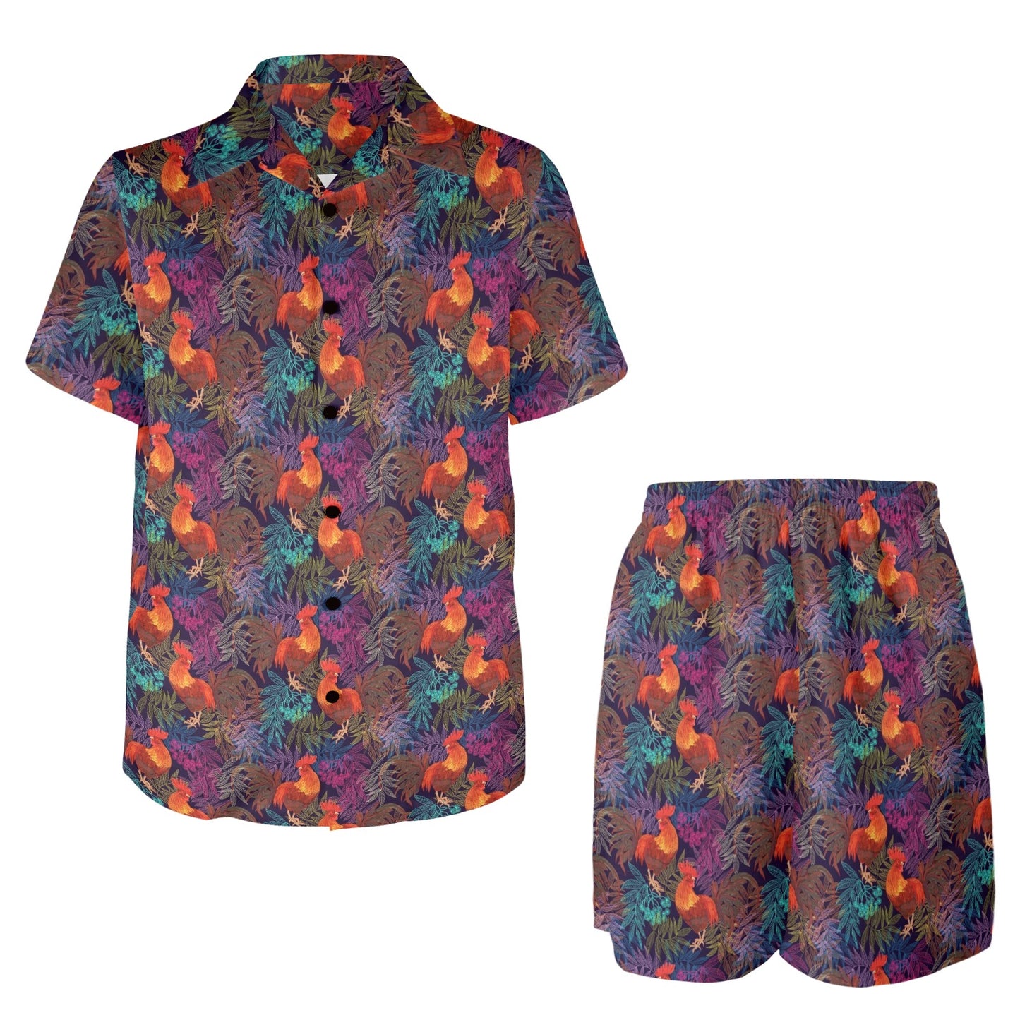 Rooster Print Style Men's Beach Shirt and Shorts Set