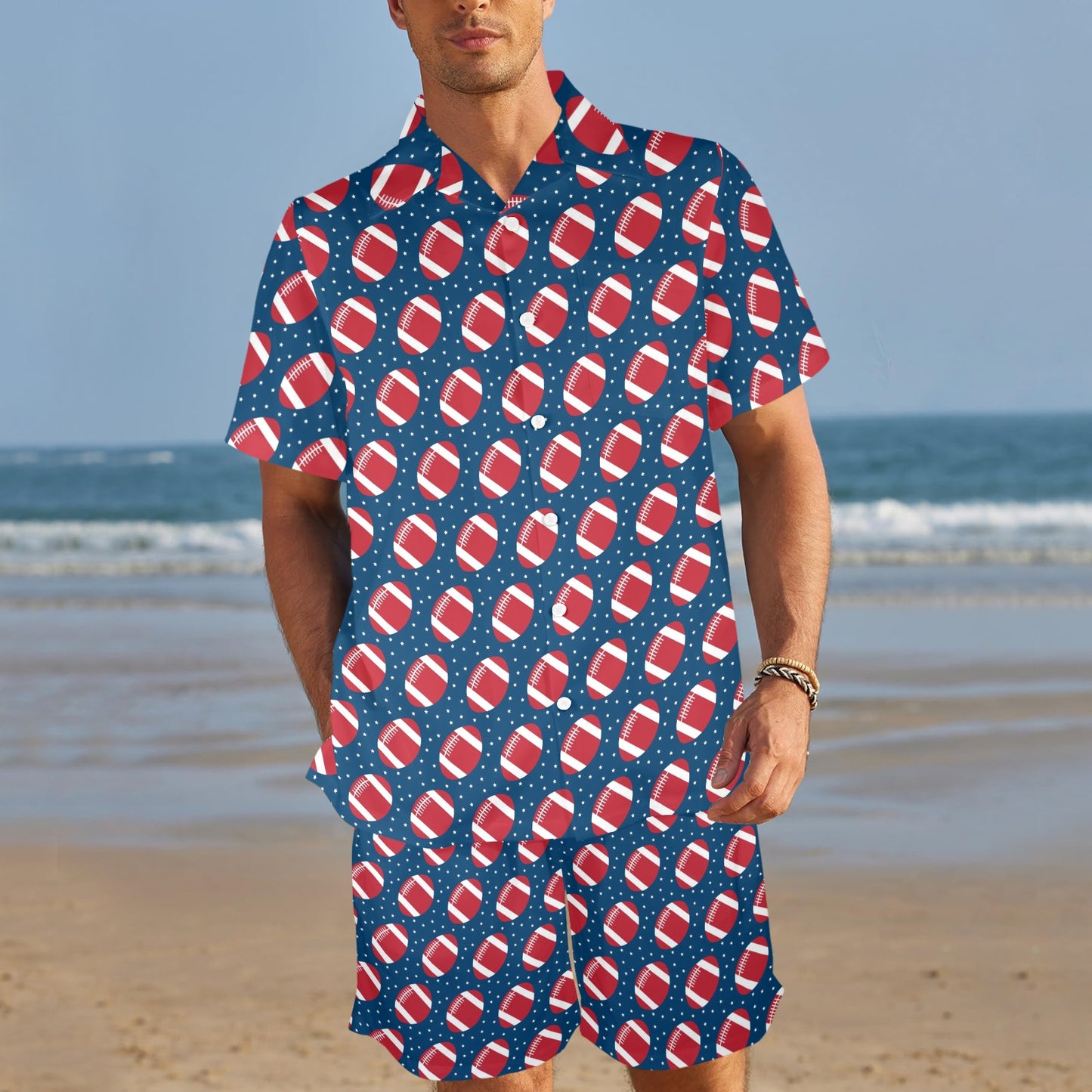 American Football Star Design Pattern Men's Beach Shirt and Shorts Set