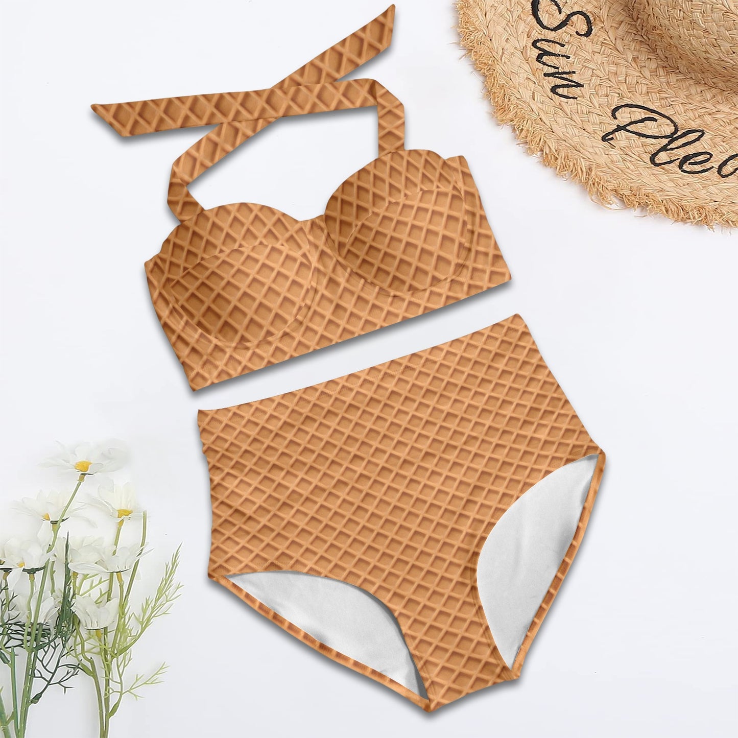 Waffle Texture Print Design LKS301 Halter Neck Bikini Swimsuit