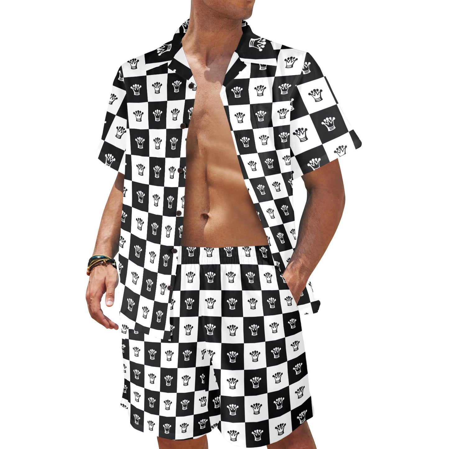 Checkered Flag Crown Pattern Men's Beach Shirt and Shorts Set