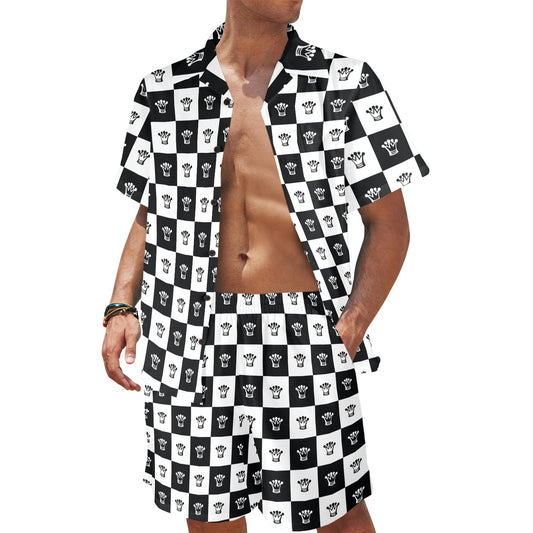 Checkered Flag Crown Pattern Men's Beach Shirt and Shorts Set