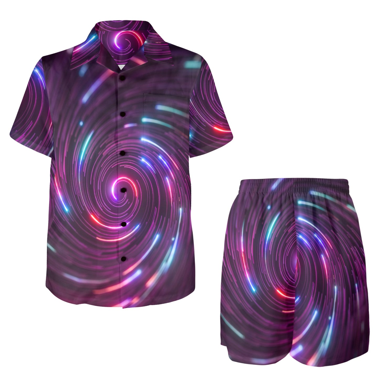 Vortex Twist Swirl Purple Neon Print Men's Beach Shirt and Shorts Set
