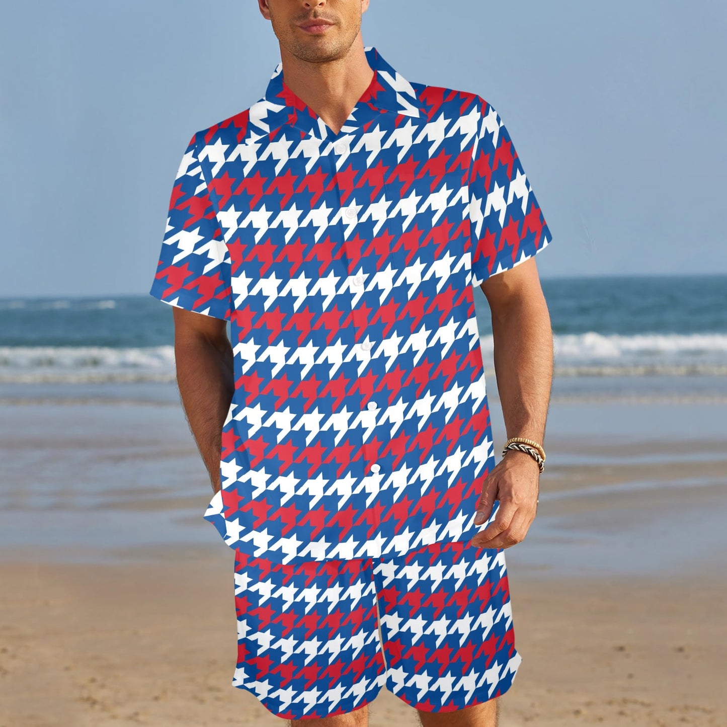 Patriotic Houndstooth Pattern Print Design A02 Men's Beach Shirt and Shorts Set